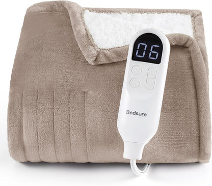 Bedsure Heated Blanket Throw Blanket with Preheat Function - Fast Heating Electric Blanket, Soft Flannel Throw with 6 Time Settings(Up to 10H), 6 Heating Settings, Gifts for Grandma (50"x60", Cream)