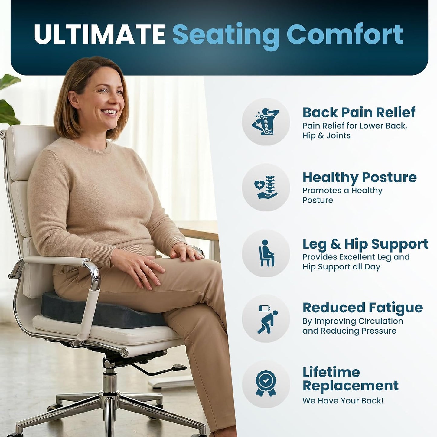 ComfiLife Gel Enhanced Seat Cushion – Office Chair Cushion – Non-Slip Gel & Memory Foam Coccyx Cushion for Tailbone Pain - Desk Chair Car Seat Cushion Driving - Sciatica & Back Pain Relief (Navy)