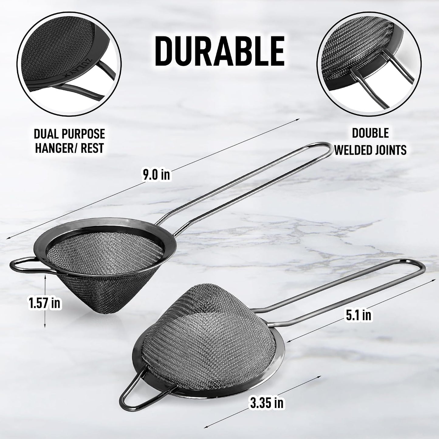 Zulay Kitchen 304 Stainless Steel Fine Mesh Strainer 3.35 in - Strainers Fine Mesh, Tea Strainers for Loose Tea - Perfect for Tea, Cocktails, Juicing, Drinks, Liquids, Matcha, Coffee & More