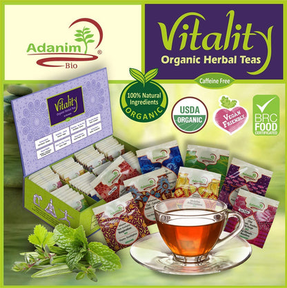 Adanim Bio Vitality Organic Herbal Tea Sampler Gift Box Caffeine Free 8 Unique Flavors for Tea Lovers 64 Individually Wrapped Tea Bags Variety Pack
