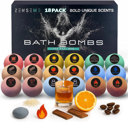 Bath Bombs for Men - Gift Set of 18 Square Shaped Handmade Natural Bath Bombs of 2.5 oz w/Essential Oils, Unique Manly Scents, for Boyfriend, Husband, Father - 18 Pack Square