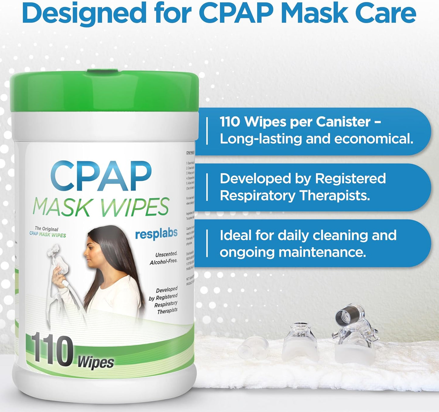 resplabs CPAP Mask Wipes Unscented Cleaner for Full Face, Nasal Masks & Supplies 110 Wipes