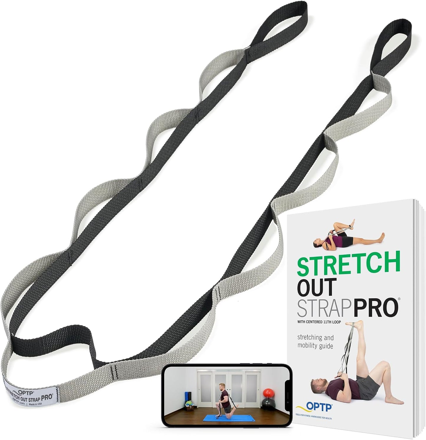 OPTP Stretch Out Strap Pro with Exercise Book, 11 Loops USA-Made Yoga Strap