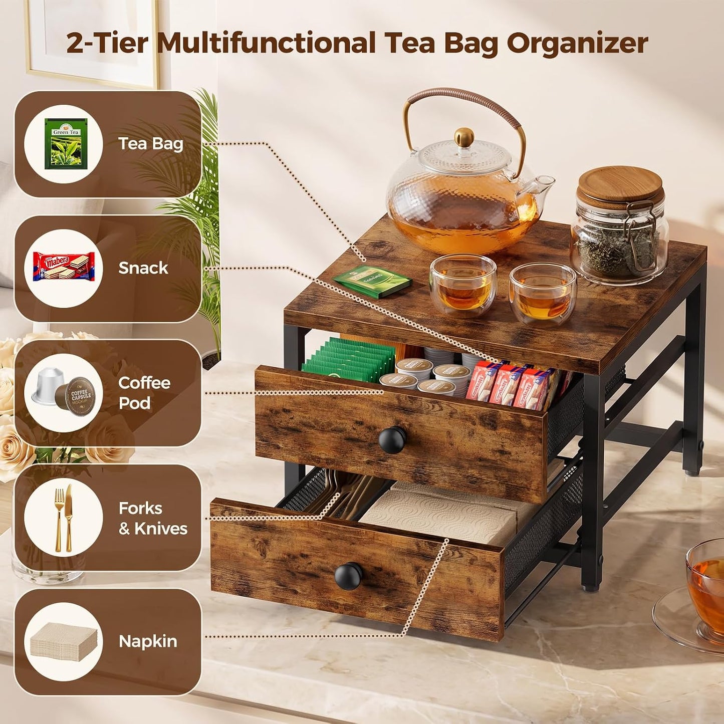 Plaviya Tea Bag Organizer and Storage with 2 Drawers for Countertop