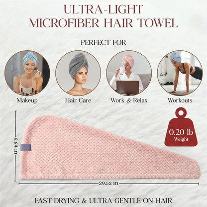 3 Pack Microfiber Hair Towel Wrap for Women 26 x 10 in | Hair Drying Towel with Button |Hair Turban Towel Quick Dry Coral Fleece Head Towels (Pink + Blue + Grey)