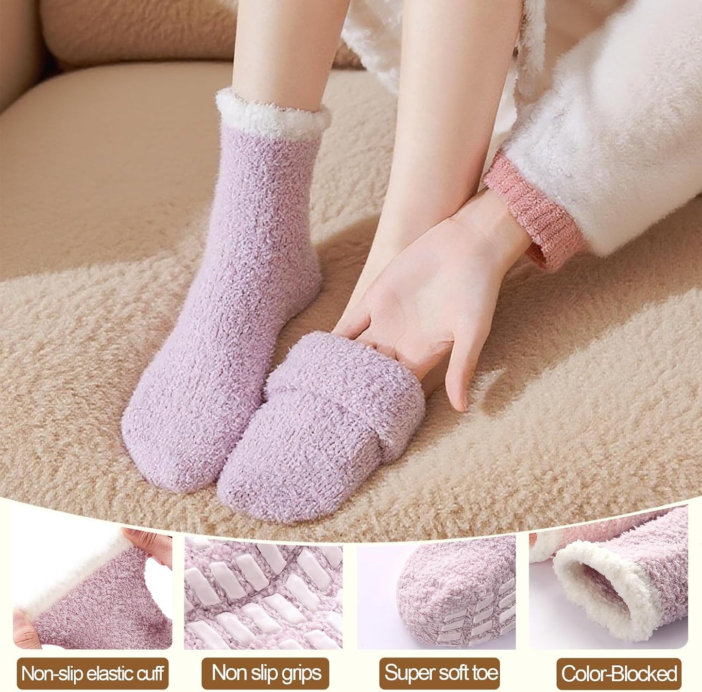 5 Pairs Fuzzy Socks with Grips for Women, Non Slip Cozy Fluffy Soft Socks, Winter Sleep Slipper Hospital