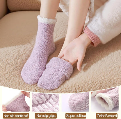 5 Pairs Fuzzy Socks with Grips for Women, Non Slip Cozy Fluffy Soft Socks, Winter Sleep Slipper Hospital