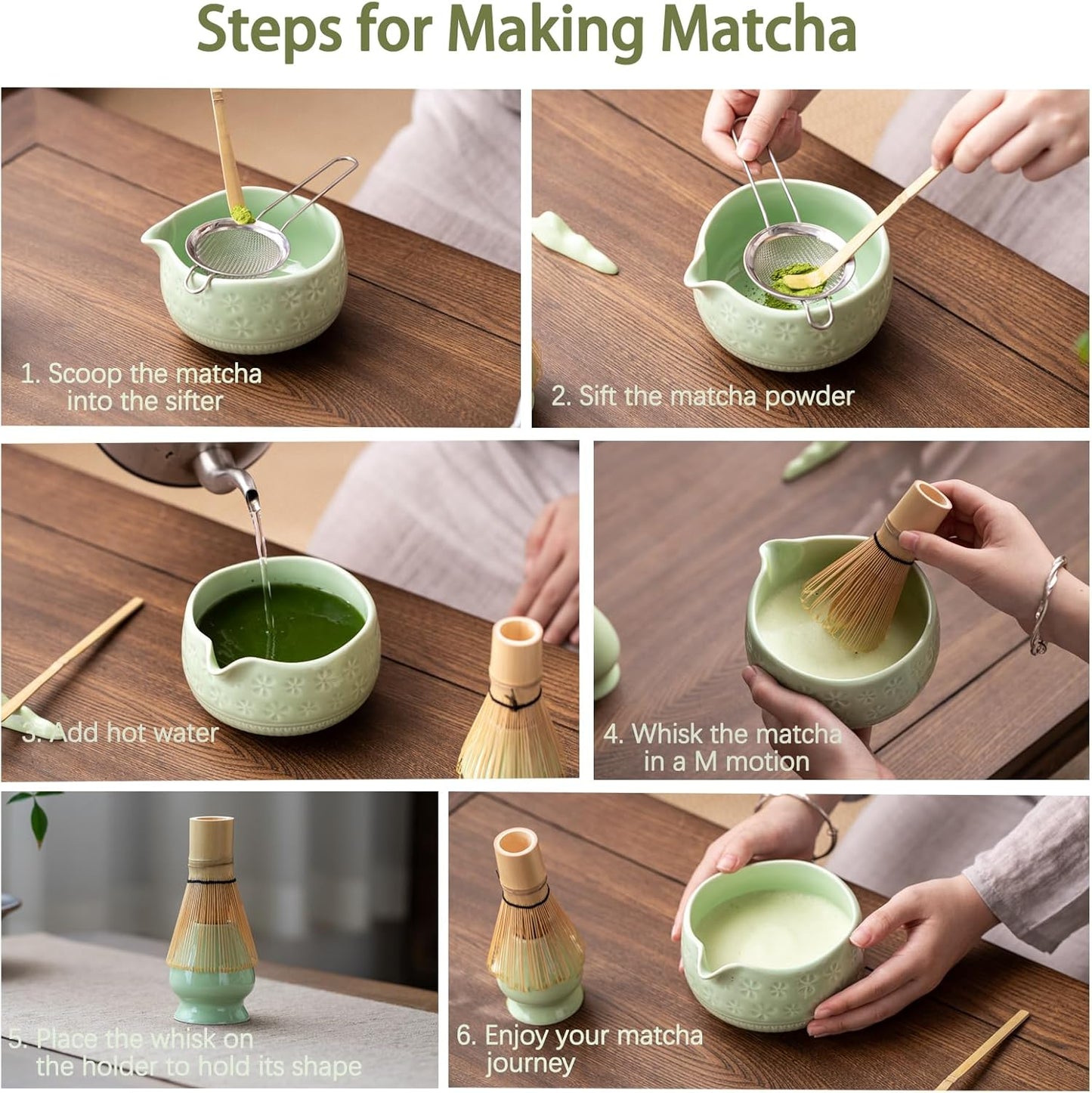 Buucup Matcha Whisk Set, Ceramic Matcha Kit Set Includes Matcha Bowl, Matcha Whisk and Holder, Bamboo Scoop, Scoop Rest, Sifter and Tea Towel - 7 Pcs Matcha Kit for Matcha Lovers (Mottled Green)