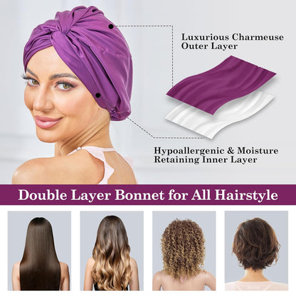 Adjustable Silk Satin Bonnet for Sleeping Hair Wrap, Double Layer Sleep Cap, Night Turban for Large Long Curly Braid Women Men Hair - Matcha Green
