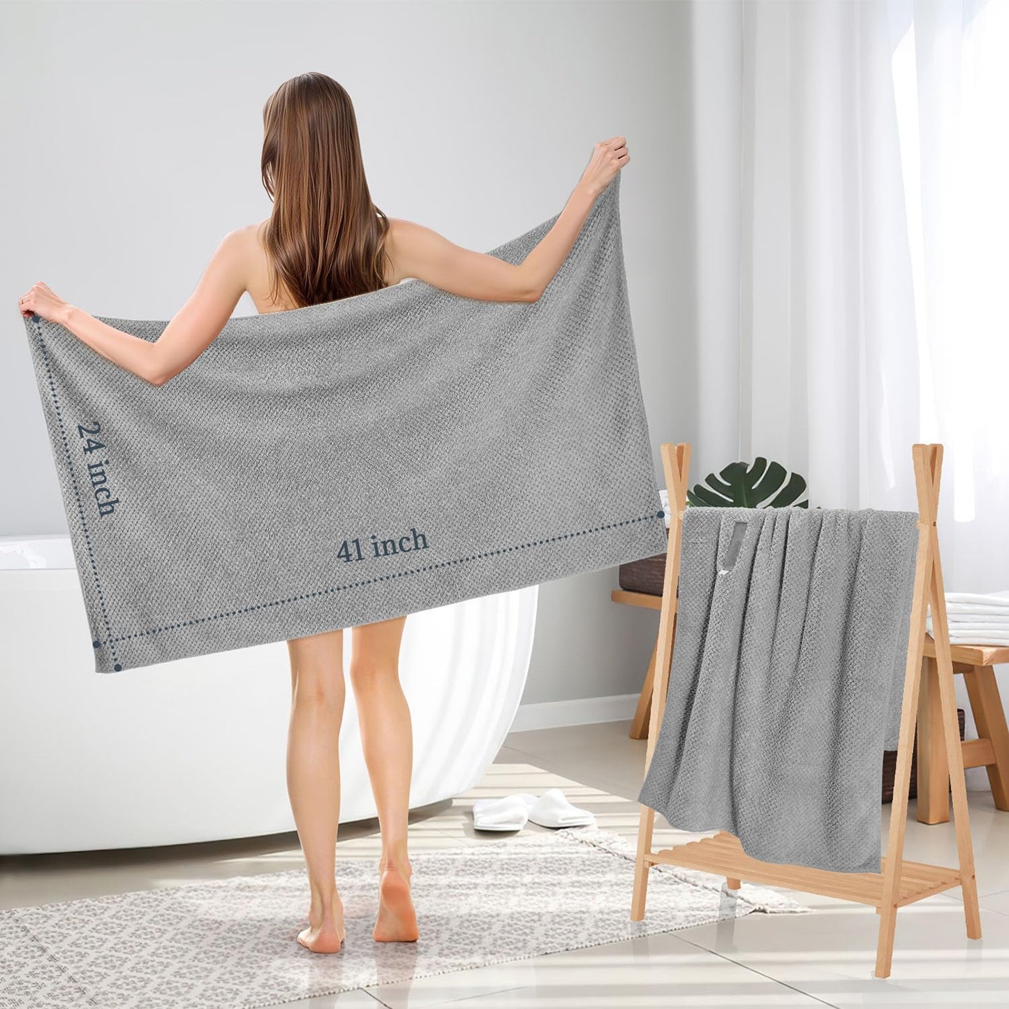 2 Pack Microfiber Hair Towel - 41 x 24 inches Super Soft, Absorbent, Fast Drying Without Frizz Hair Towel Wrap for Women Long, Thick, Curly Hair - Hair Turbans with Elastic Strap