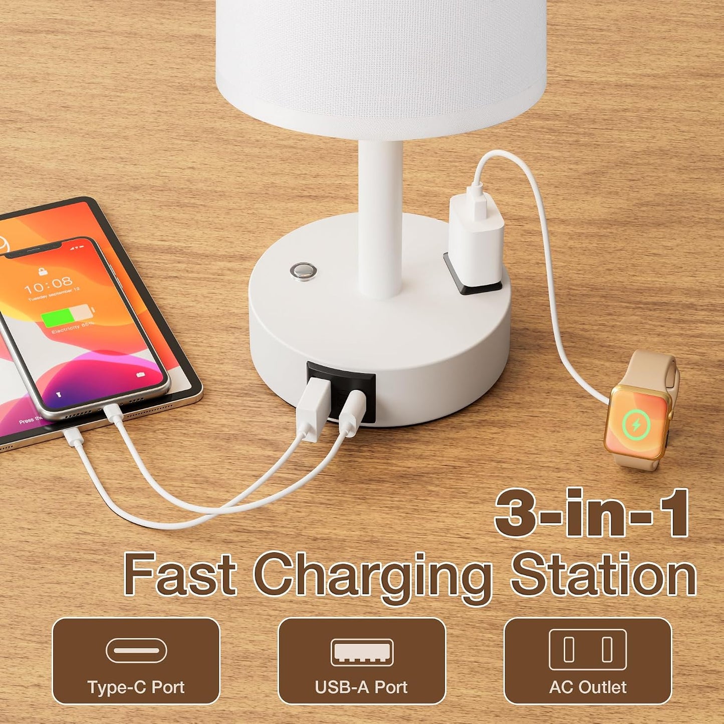 Touch Bedside Table Lamp with Memory - Stepless Dimmable Lamp for Bedroom, Small Nightstand Lamp with Dual USB Charging Ports and AC Outlet, Wood Night Light, Desk Lamp for Nursery, Living Room, Dorm