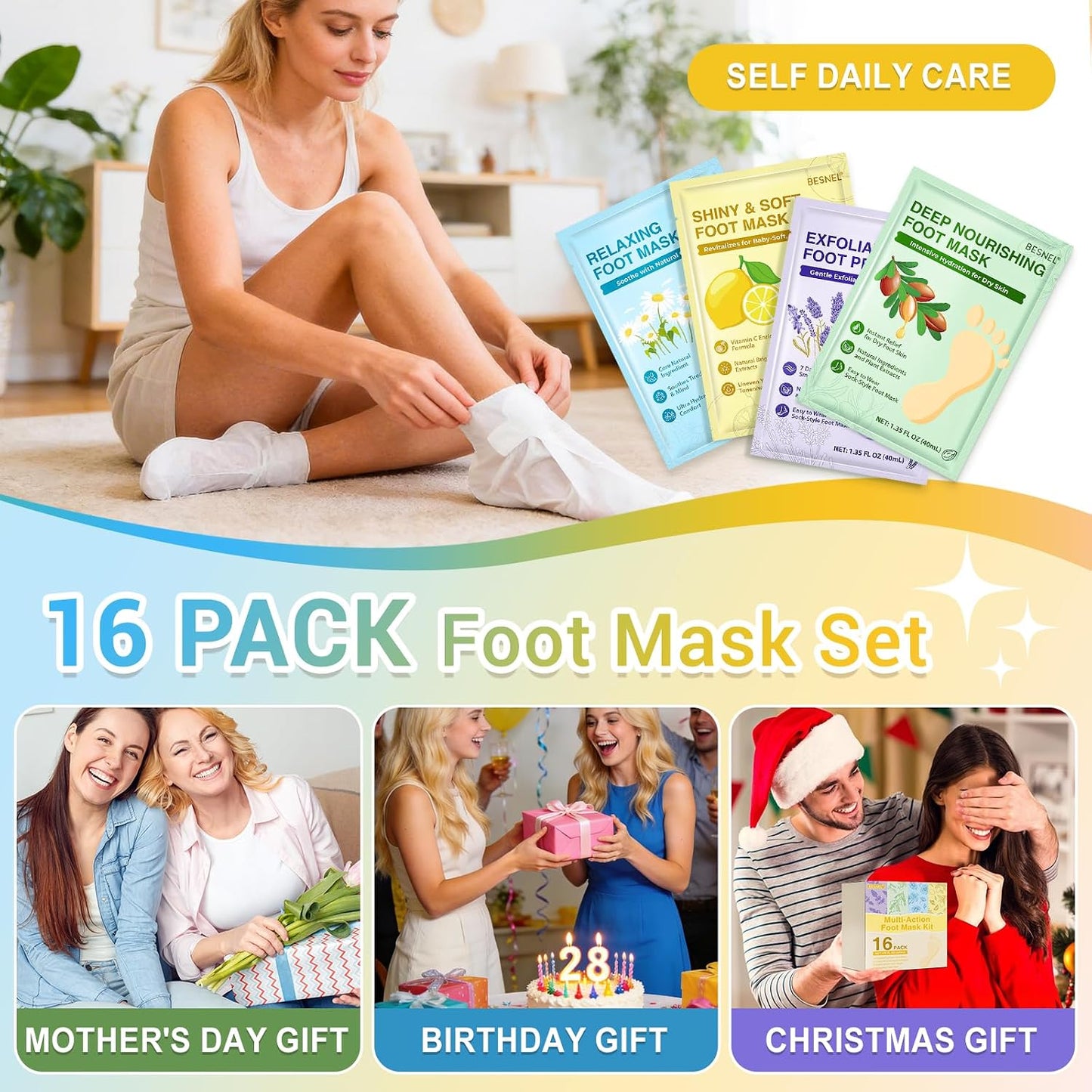 8 Pack Moisturizing Foot Mask,Hydrating Foot Masks for Dry Cracked Feet,Soothing Dry Skin Moisturizer Socks for Baby Soft Feet,Teacher Appreciation Gifts,Foot Care Spa Gifts for Women Men(4 Styles)