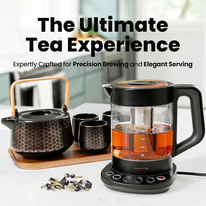 Viante Alba Electric Tea Kettle with Infuser, No Plastic In Contact With Water, 1.5L Borosilicate Glass, 304 Stainless Steel, 4 Temperature Presets, Keep Warm, Cordless, Auto Shut-Off