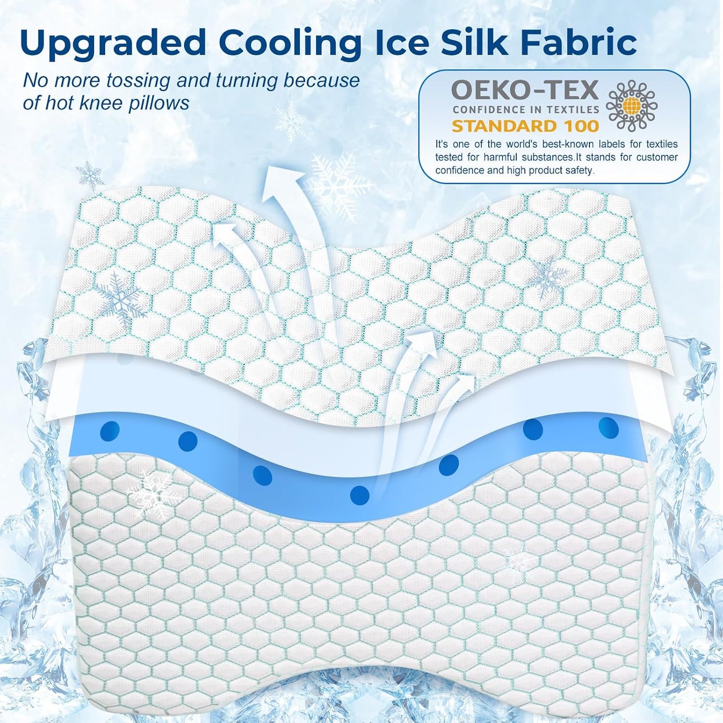 KingPavonini Cooling Knee Pillow for Side Sleepers, Gel Memory Foam Leg Pillows for Side Sleeping with Ice Silk Cover and Strap, Knee Pillow for Back Hip Pain, Spine Aligning, Sciatica, Pregnancy