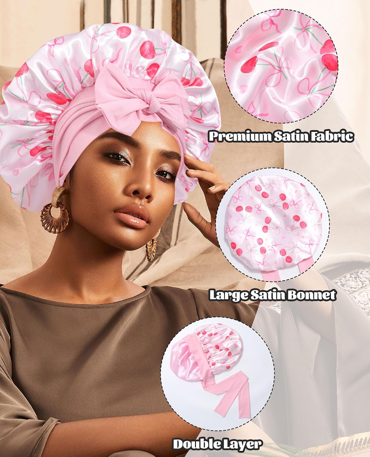 Satin Bonnet for Sleeping Cap Double Layer Hair Bonnet with Elastic Tie Band for Curly Hair Night Cap (Bean Paste + Pink)