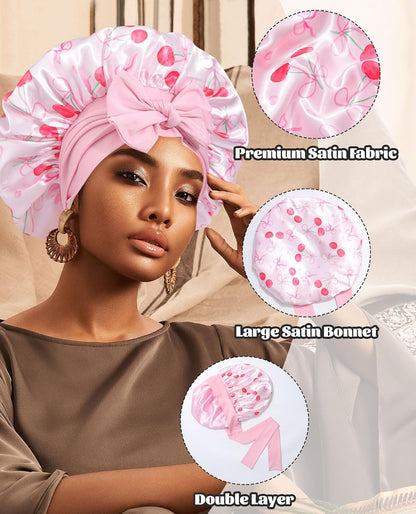 Satin Bonnet for Sleeping Cap Double Layer Hair Bonnet with Elastic Tie Band for Curly Hair Night Cap (Bean Paste + Pink)