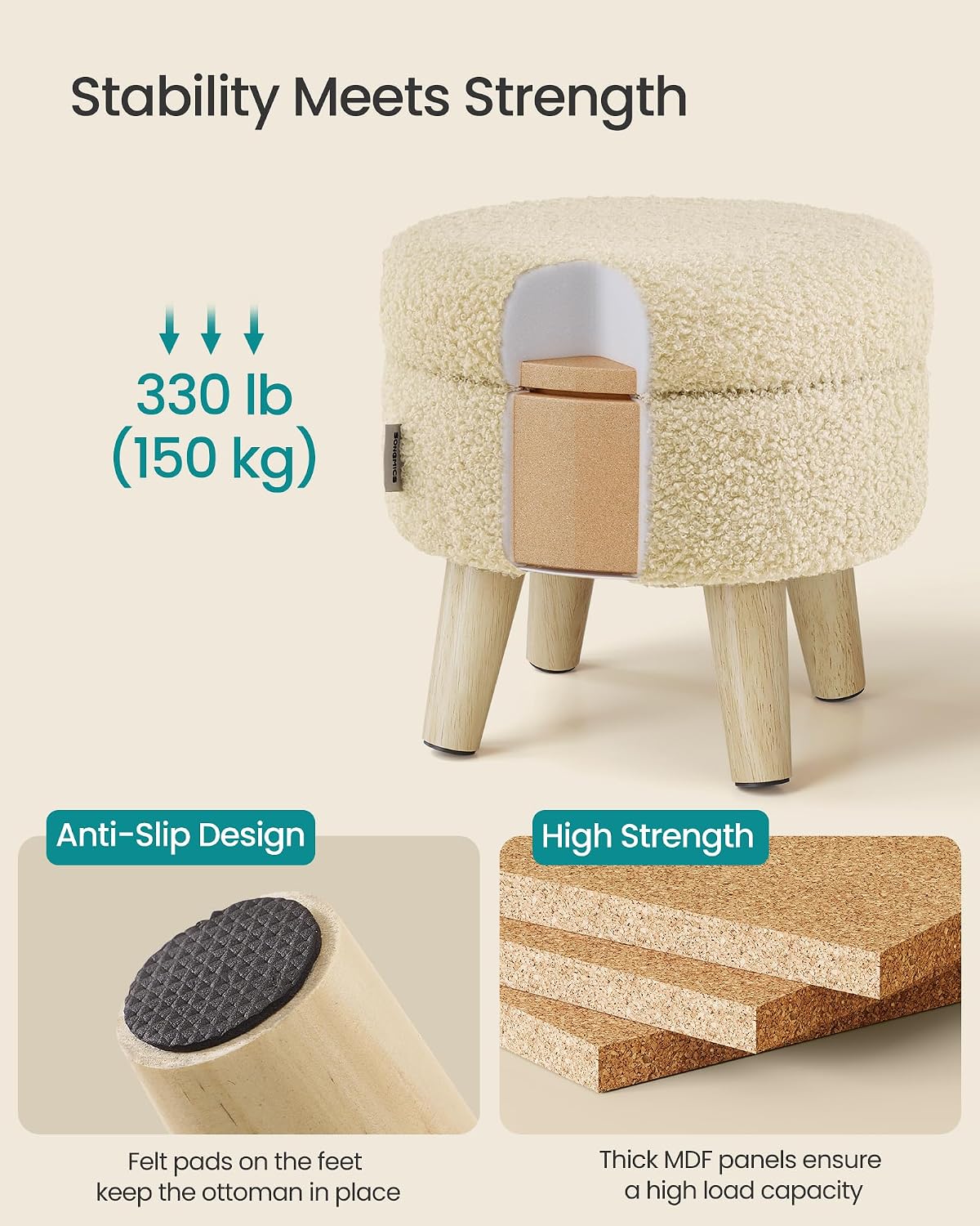 SONGMICS Foot Stool Ottoman, Small Storage Ottoman with Legs, 15.7 Inches