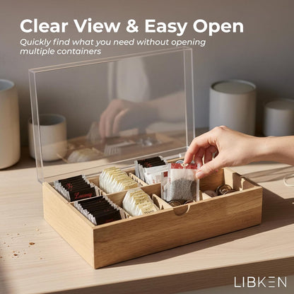 LIBKEN Wooden Tea Bag Organizer Box – 8 Compartment Tea Storage with Clear Lid – Minimalist Scandinavian Design – Versatile Wooden Tea Box for Tea Bags, Jewelry, Crafts, Office & Countertop Storage