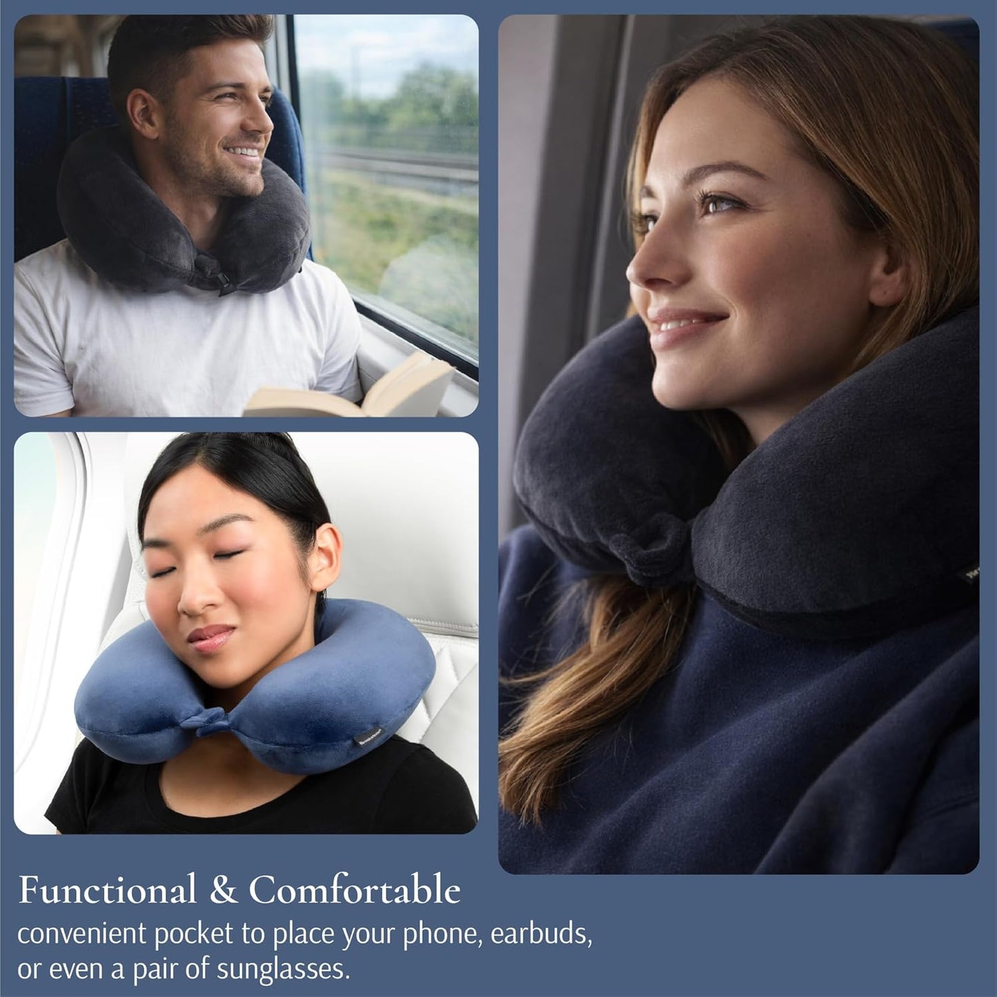 Brookstone Travel Neck Pillow - Lightweight U-Shaped Memory Foam Travel Pillow for Airplane, Car Travels & Sleeping, Blue