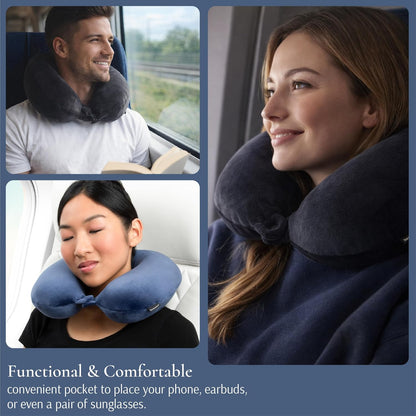 Brookstone Travel Neck Pillow - Lightweight U-Shaped Memory Foam Travel Pillow for Airplane, Car Travels & Sleeping, Blue