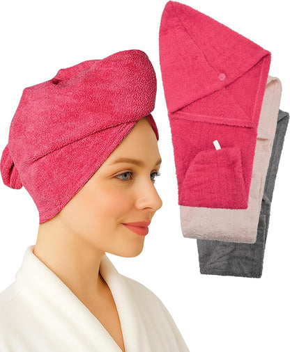 Textila 100% Cotton Hair Wrap Towels for Women (Pack of 2, Raspberry & Green) – Soft & Absorbent Turban Towels for Long, Curly, Frizz-Prone Hair