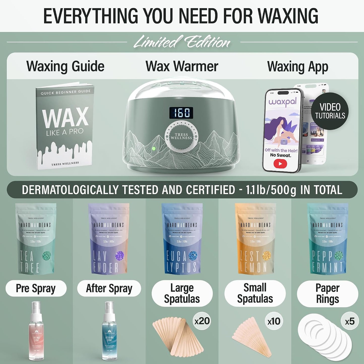 Tress Wellness Award Winning Waxing Kit for Sensitive Skin, Safe for Face & Skin, Easy to Use, At-Home Kit for Face, Bikini, Brazilian & Full Body - Digital Display, Black Purple Flower