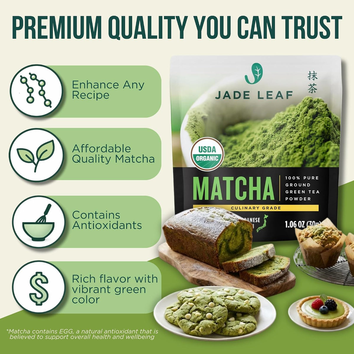 Jade Leaf Matcha Powder, Organic Culinary Grade, 30g / 1.06oz