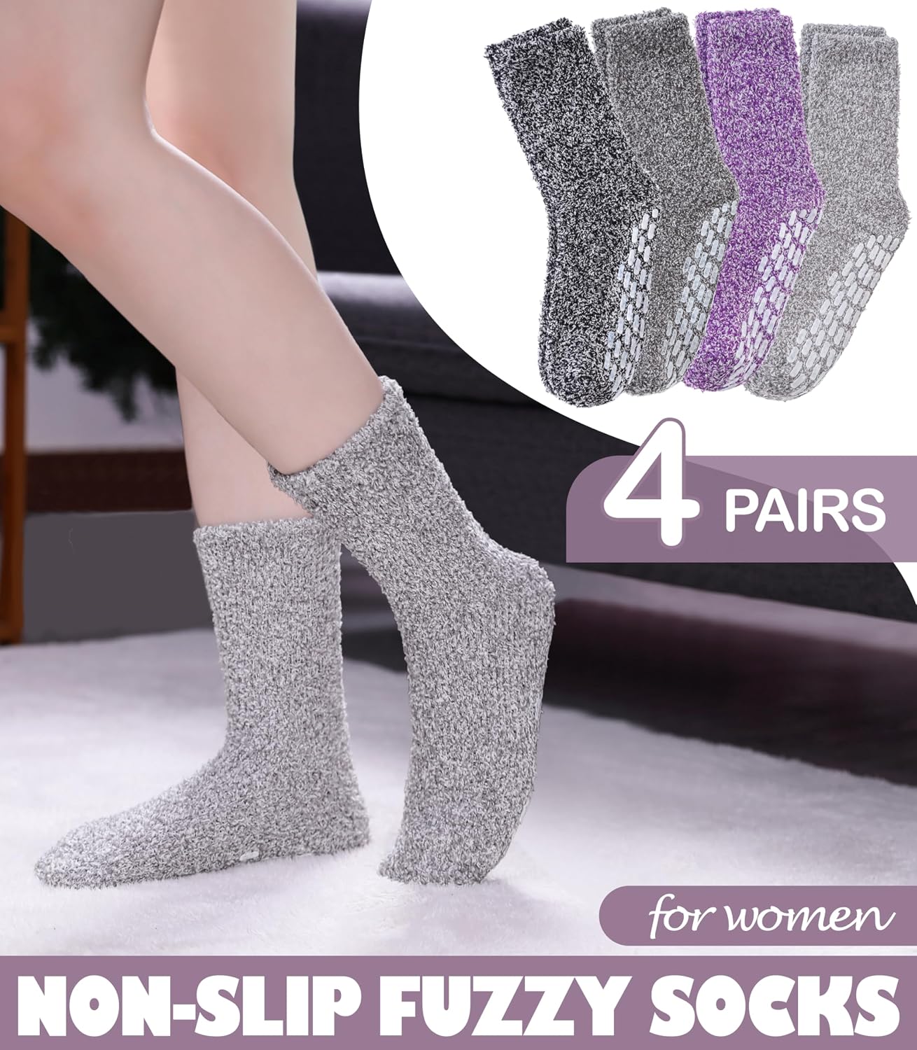 LINEMIN Non-Slip Fuzzy Socks for Women - Cozy Hospital Soft Fluffy Socks With Grips - Winter Warm Slipper