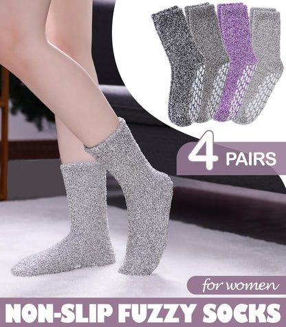LINEMIN Non-Slip Fuzzy Socks for Women - Cozy Hospital Soft Fluffy Socks With Grips - Winter Warm Slipper