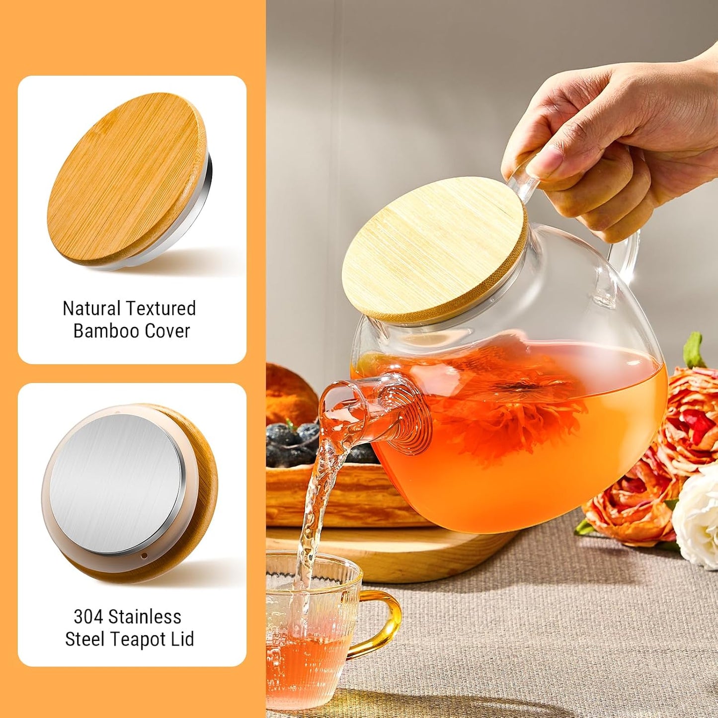 PARACITY Glass Teapot Stovetop 40 OZ/1200ml, Borosilicate Clear Tea Kettle with Removable 18/8 Stainless Steel Infuser, Teapot Blooming and Loose Leaf Tea Maker Tea Brewer for Camping, Travel