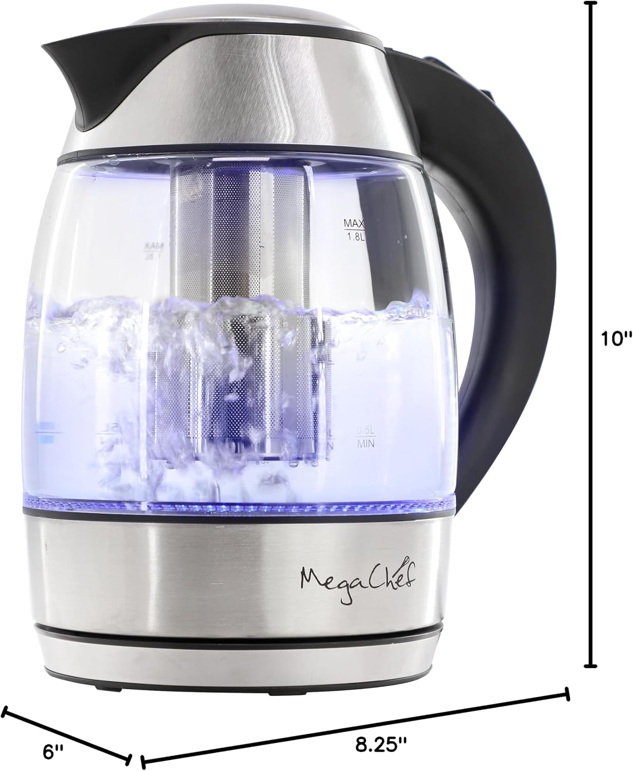 MegaChef Electric Watter Boiler/Tea Kettle (Glass, Silver, 1.8 Liter)