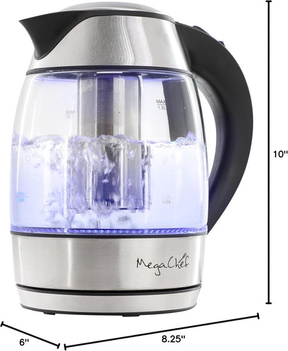 MegaChef Electric Watter Boiler/Tea Kettle (Glass, Silver, 1.8 Liter)