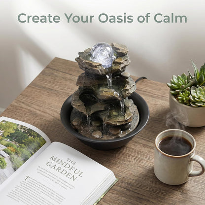 8.3” H Indoor Zen Tabletop Water Fountain, Rock Cascading Waterfall with Spinning Crystal Ball & LED Light for Home Office Decor