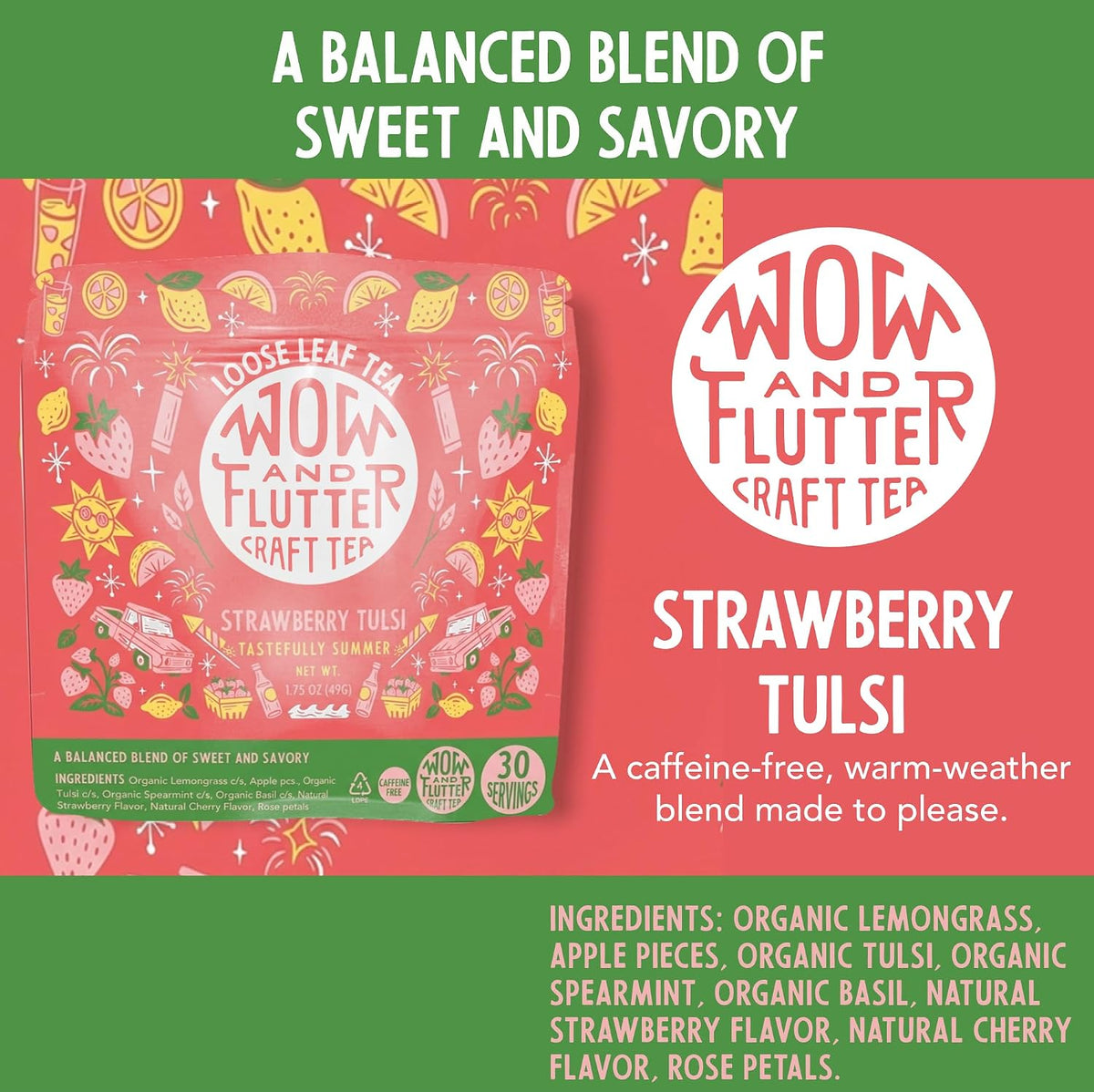 Wow and Flutter Strawberry Tulsi Loose Leaf Herbal Tea Caffeine-Free 1.75oz