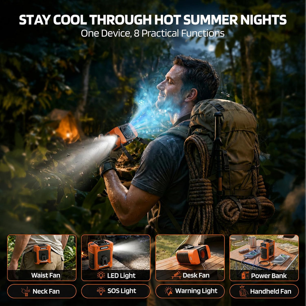 AMKEN Waist Fan, 10000mAh Rechargeable Belt Clip Fan, 59ft/s Airflow, 6-Speed 19000RPM Wearable Cooling with Bottom Air Intake, LED SOS Warning Light, Charge 2 Phones for Jobsite Camping