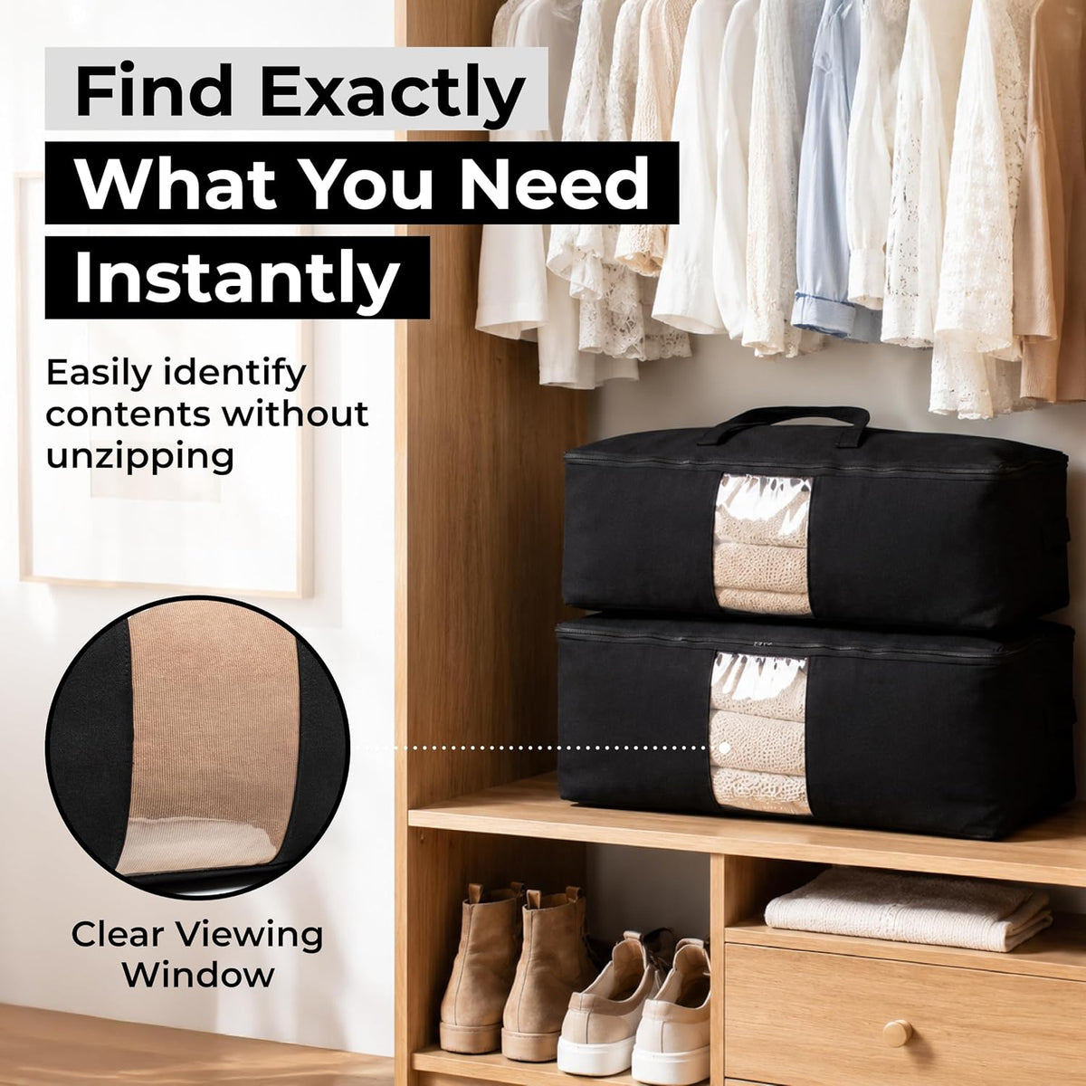 Soft Canvas Storage Bags with Zipper. Thick Breathable, 2pc King/Queen Comforter Organizer. Four Carrying Handles and Window. Large 25x19x9in Bag for Sheets Blankets Bedding Pillows, Clothes