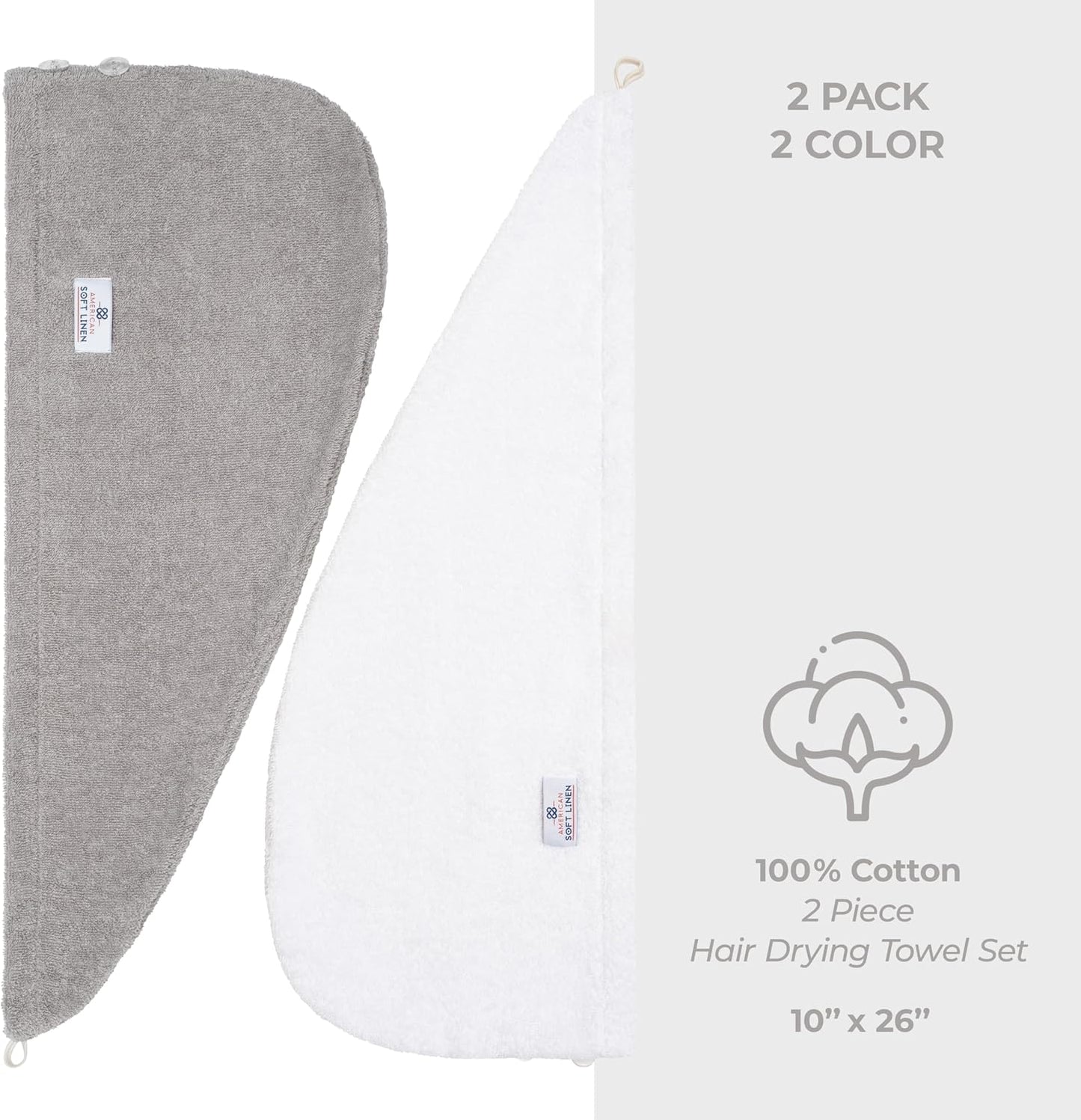 American Soft Linen 100% Cotton Hair Towels for Women, Head Towel Cap, Cotton Hair Turban Towel Wrap for Long Curly Anti Frizz Hair, Soft and Absorbent Cotton Hair Towels 2 Pack, White