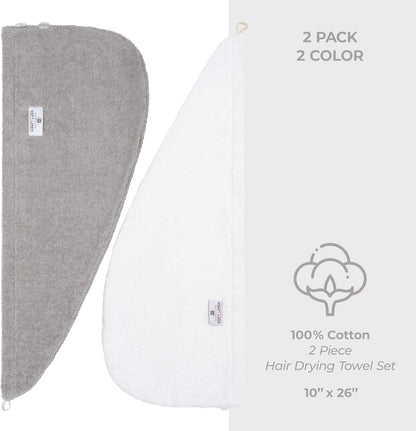 American Soft Linen 100% Cotton Hair Towels for Women, Head Towel Cap, Cotton Hair Turban Towel Wrap for Long Curly Anti Frizz Hair, Soft and Absorbent Cotton Hair Towels 2 Pack, White