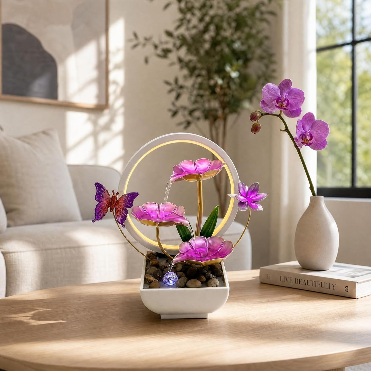 Tabletop Fountain,Indoor Water Fountain,Home Fengshui Décor Zen Relaxation Soothing Sound Machine for Office,Living Room,or Bedroom,Green Lotus,Hummingbird & Pink Flower