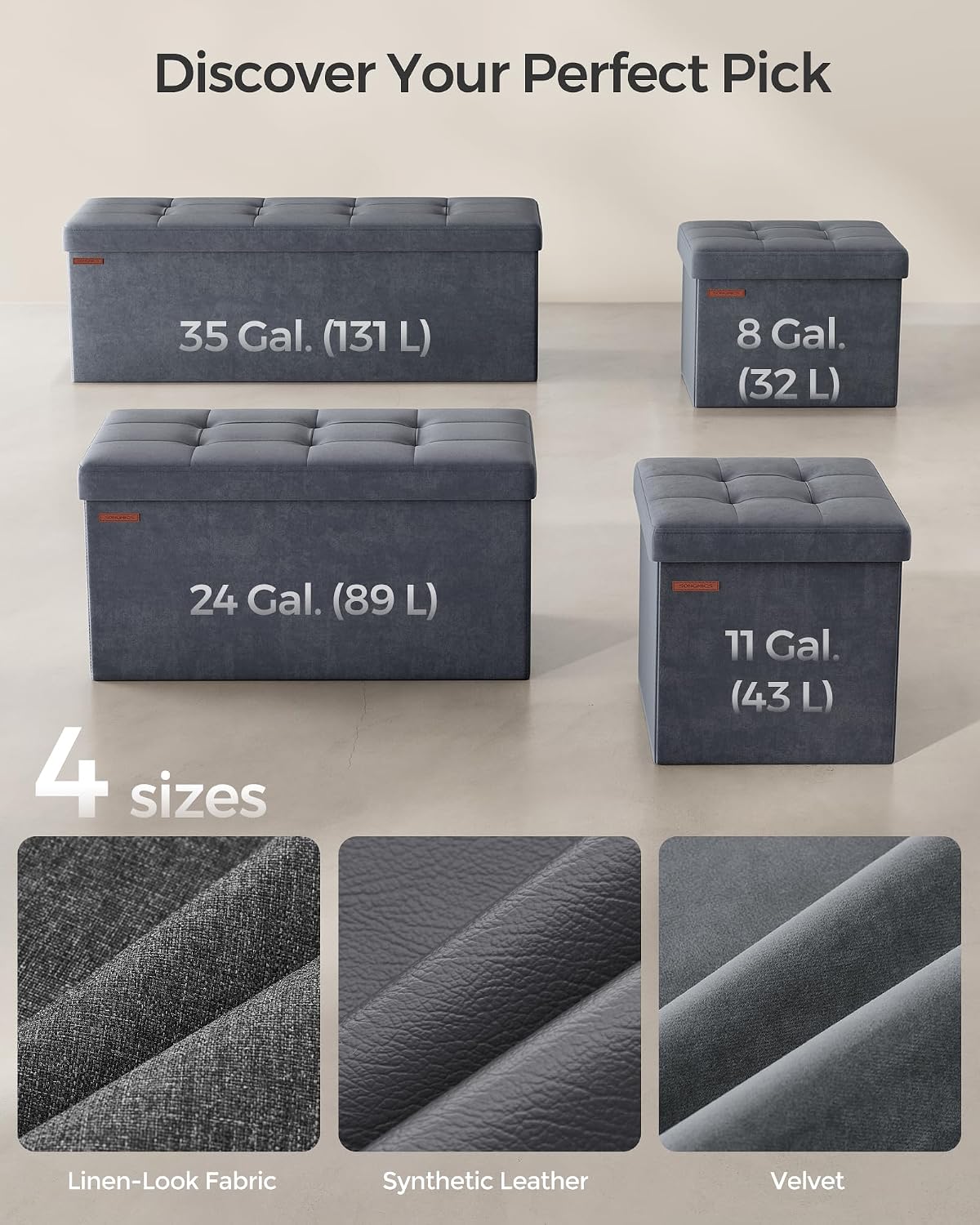 SONGMICS Small Folding Storage Ottoman, Foot Rest Stool, Cube Footrest, Synthetic Leather, 12.2 x 16.1 x 12.2 Inches, 286 lb Capacity, for Living Room, Bedroom, Dorm, Ink Black ULSF100B01