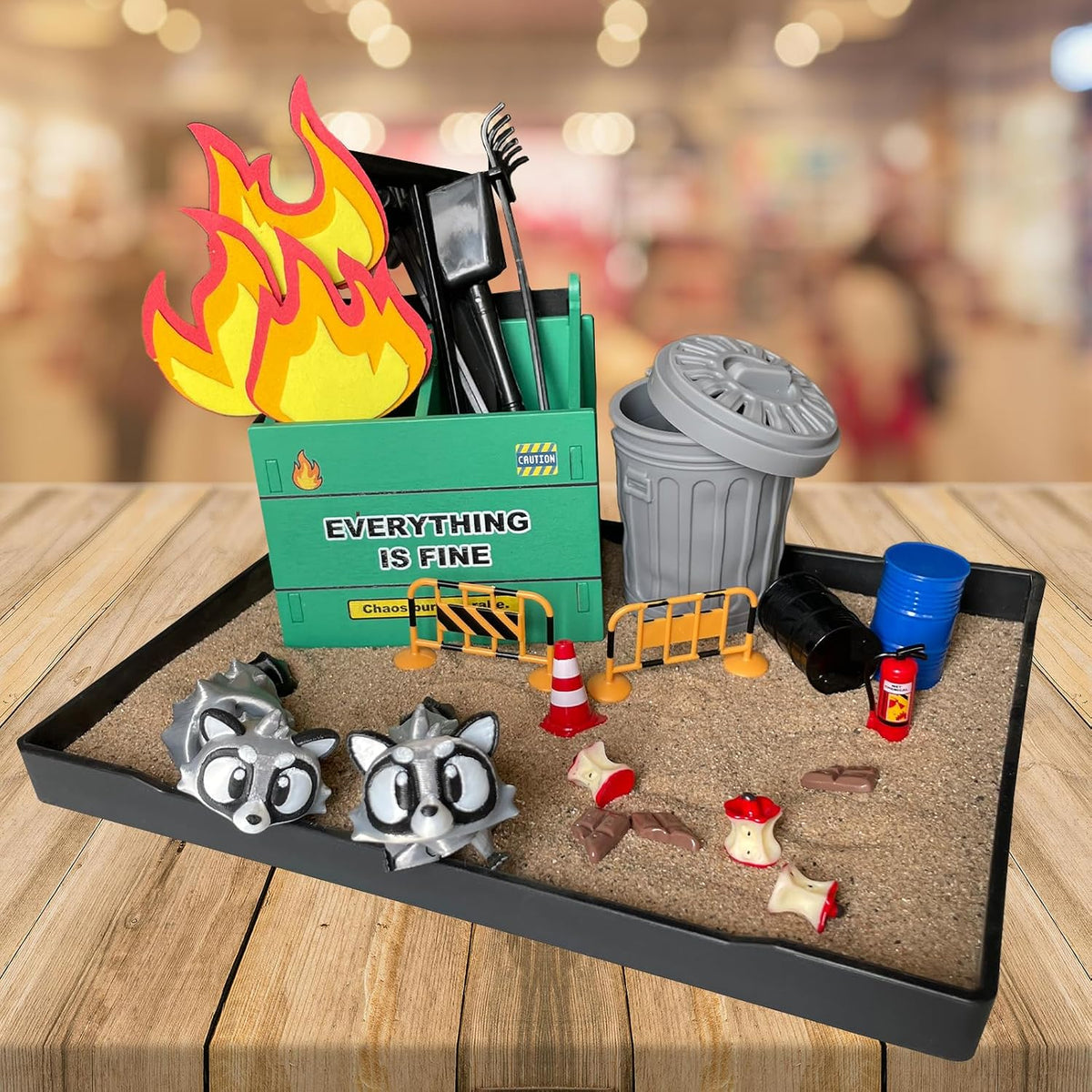 Dumpster Fire Zen Garden for Desk, Mini Sand Art Kit with Raccoons
