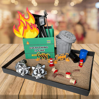 Dumpster Fire Zen Garden for Desk, Mini Sand Art Kit with Raccoons