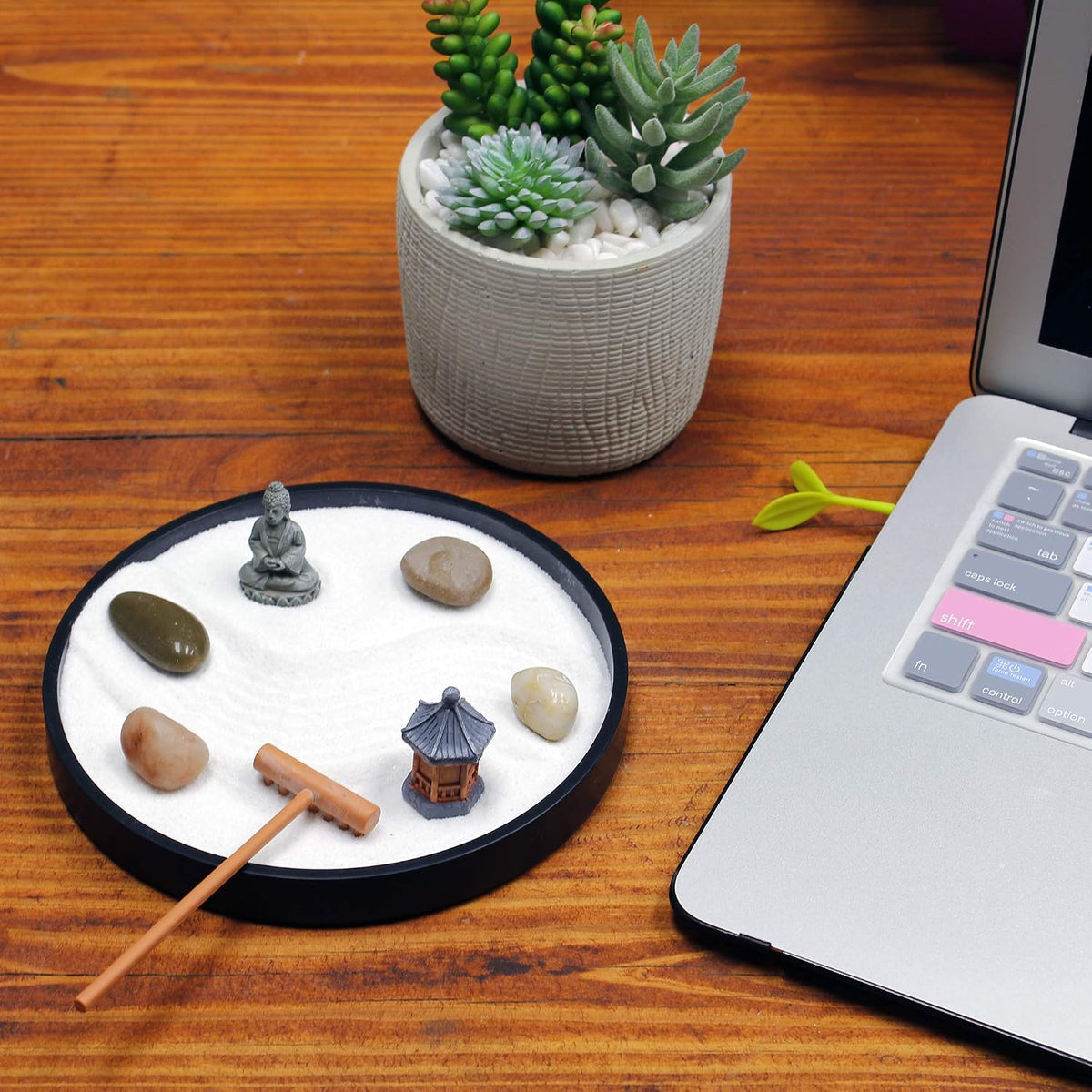 Nature's Mark Mini Zen Garden Kit for Desk with Rake, White Sand, Lotus Figure, 3 Sections Black Square Base, River Rocks and Black Rocks (9Lx9W C)