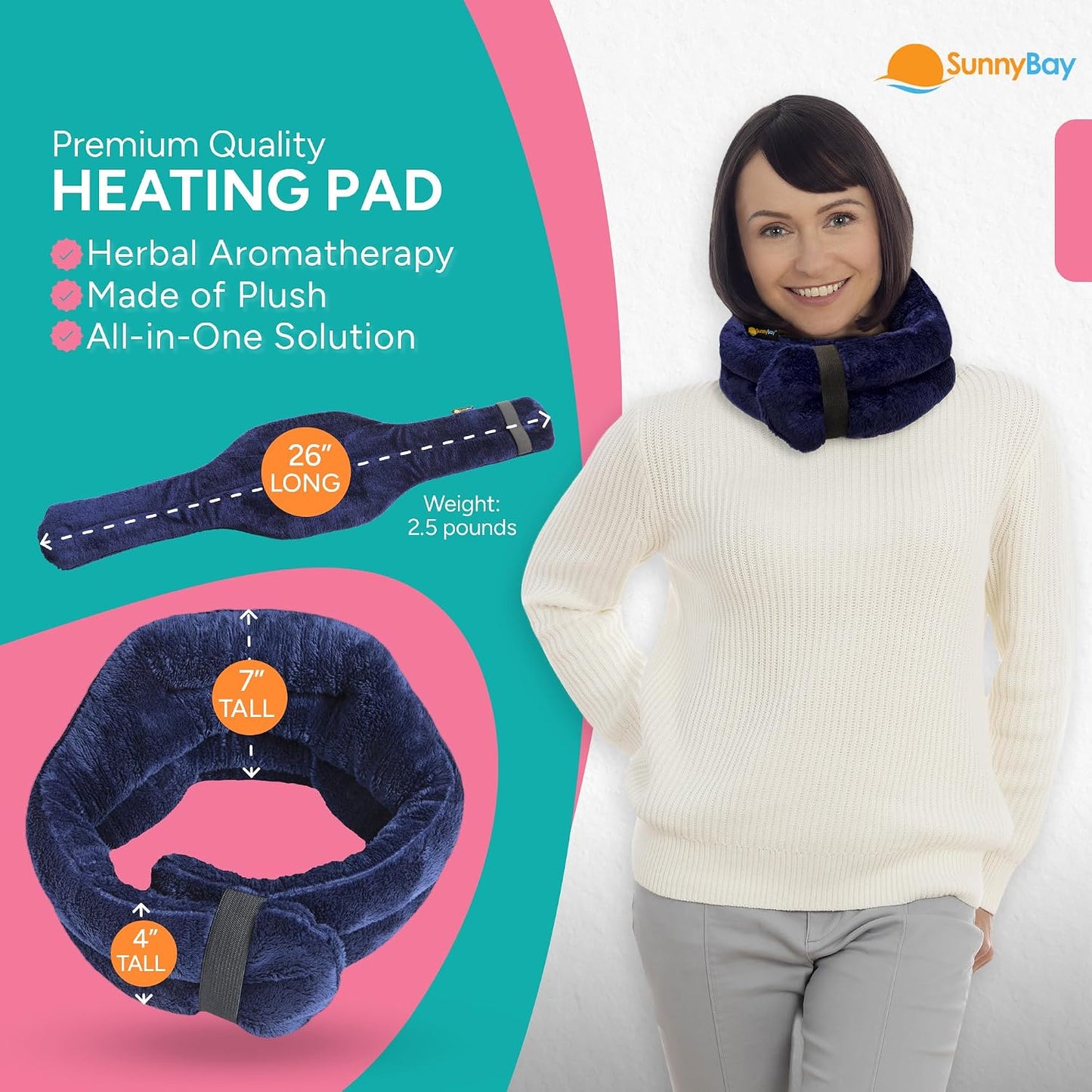 SunnyBay Microwave Heating Pad, Microwavable Heated Neck and Shoulder Wrap, Hands-Free Weighted Moist Hot or Cool Pack, Soft Fleece Cover and Flaxseed Filling, 26 Inch Length, Made in USA, Navy
