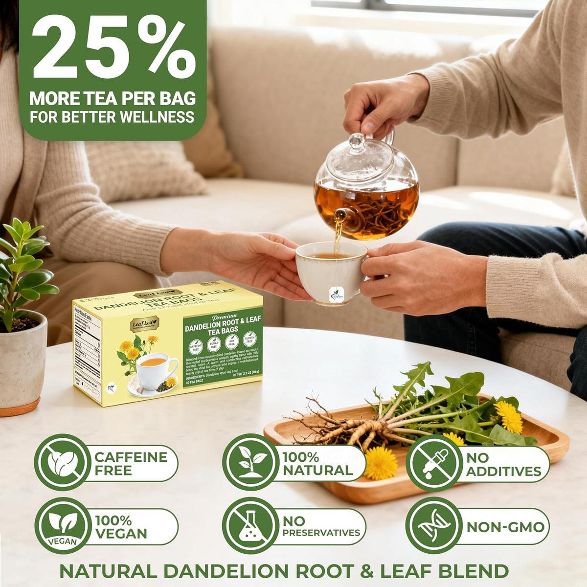 LeafLea Dandelion Root & Leaf Tea Bags, Caffeine-Free, No Sugar, 240 Count