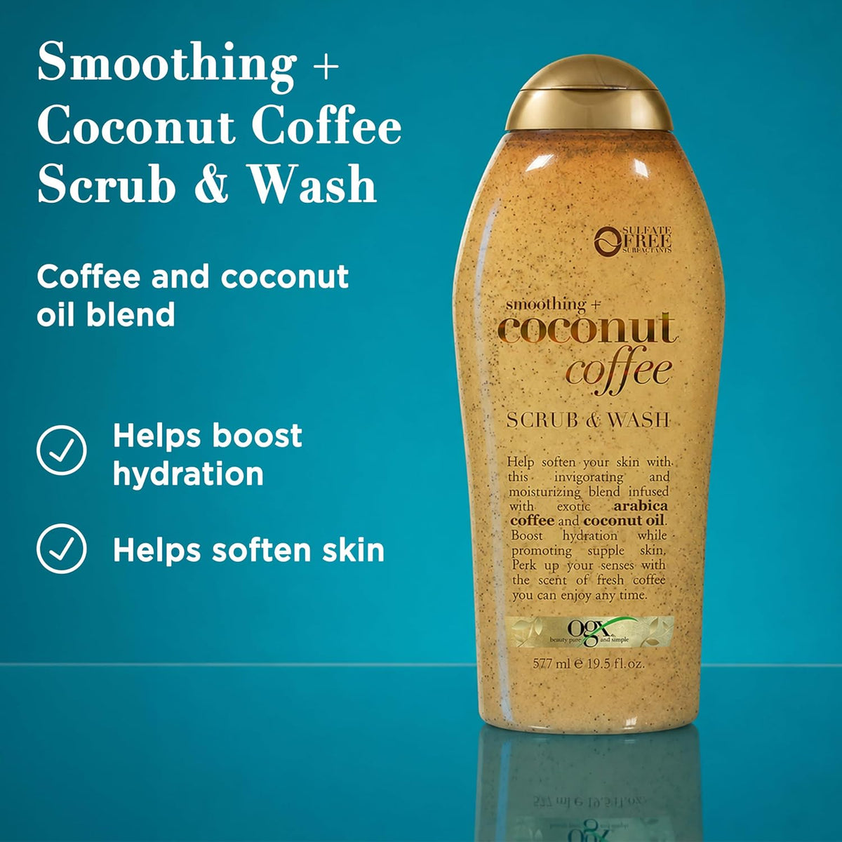 OGX Smoothing + Coconut Coffee Exfoliating Body Scrub with Arabica Coffee & Coconut Oil, Moisturizing Body Wash for Dry Skin, Paraben-Free with Sulfate-Free Surfactants, 19.5 Fl Oz, 2 Pack