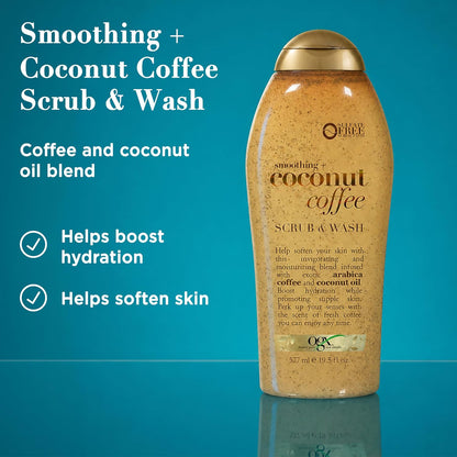 OGX Smoothing + Coconut Coffee Exfoliating Body Scrub with Arabica Coffee & Coconut Oil, Moisturizing Body Wash for Dry Skin, Paraben-Free with Sulfate-Free Surfactants, 19.5 Fl Oz, 2 Pack