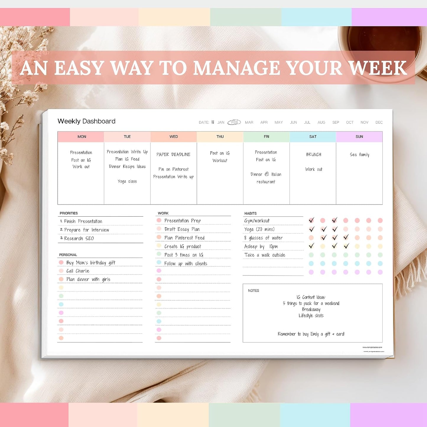 Weekly Dashboard To-Do List Notepad – Undated Weekly Planner with Habit Tracker & Notes – Minimalist A4 Layout for Productivity, Organization & Time Management (Colorful)