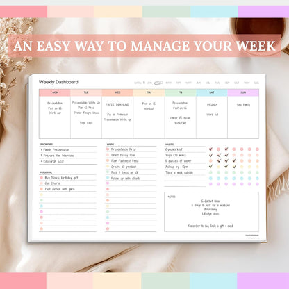 Weekly Dashboard To-Do List Notepad – Undated Weekly Planner with Habit Tracker & Notes – Minimalist A4 Layout for Productivity, Organization & Time Management (Colorful)