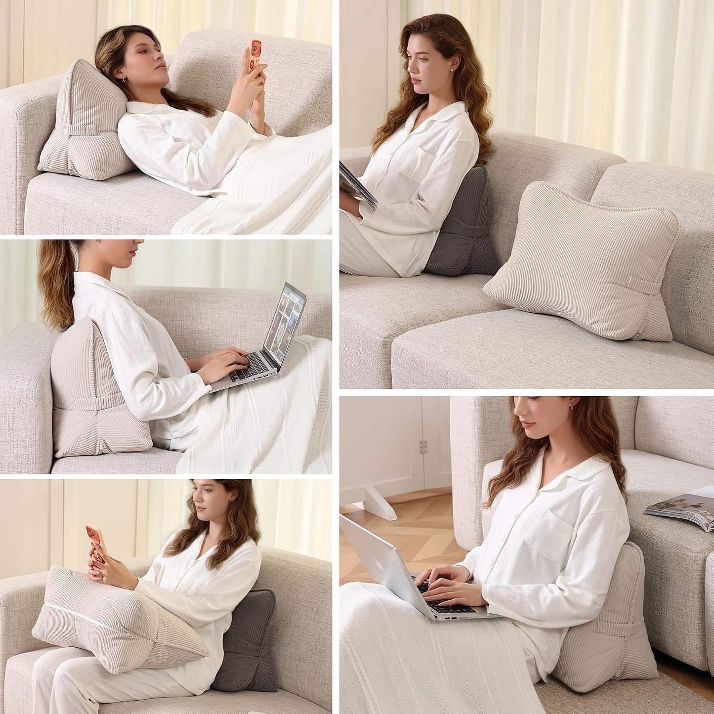 Pat. Pend. Corduroy Lumbar Support Back Pillow for Watching TV, Reading & Gaming, Ergonomic Triangle Support Cushion for Sofa, Armchair & Bed Sitting, Removable Washable Cover, Beige Gray